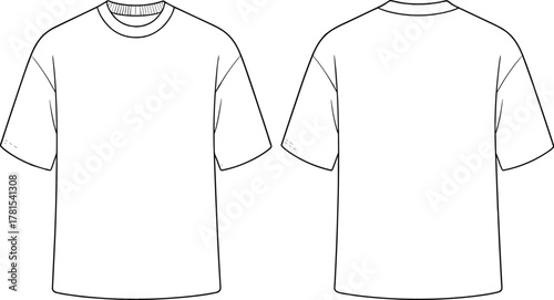 Plain T-shirt template, fashion flat sketch, technical drawing, front back view, round neck, short sleeve, apparel design, garment illustration, clothing outline, vector style, minimalist fashion