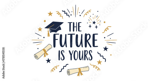 Empowering graduation message with celebratory confetti and academic symbols