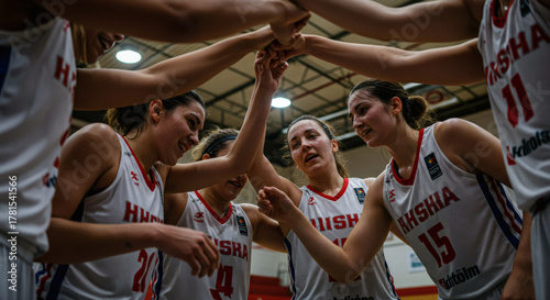 Empowered women's basketball team huddles with intense focus, celebrating unity and pre-game motivation
