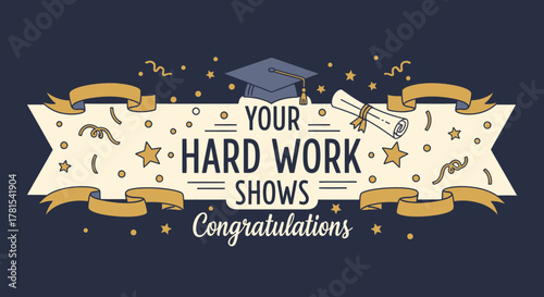 a banner celebrating academic achievements with graduate cap and diploma scroll