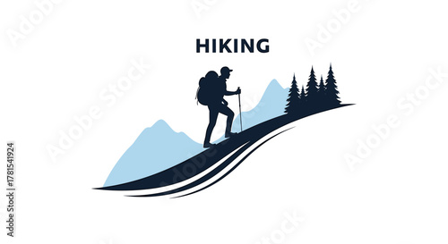 Inspiring hiking adventure logo design with silhouetted hiker and evergreen trees for outdoor recreation branding, perfect for nature enthusiasts