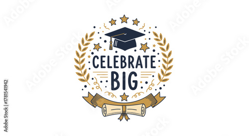 Graduation achievement celebration graphic with mortarboard and diploma
