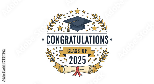 Graduation Emblem for Class of 2025 with Cap, Scroll, and Laurel Wreath