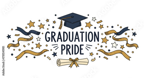 Graduation Pride scholarly celebration: academic cap, scroll, ribbons, stars
