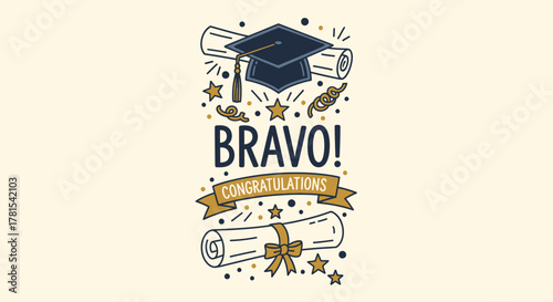 Celebratory Academic Achievement Design with Graduation Cap and Scroll