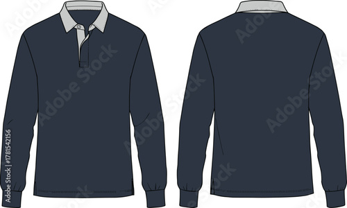 Rugby shirt front view, back view, long sleeve, navy blue, contrast collar, fashion flat sketch, cad drawing, vector illustration, flat vector illustration