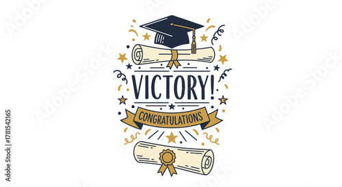 Educational achievement graphic with victory message and academic scrolls design