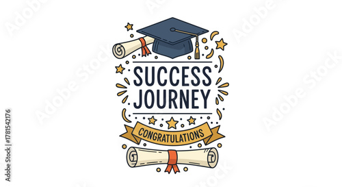 Success Journey Congratulations with Graduation Cap and Diploma Graphic