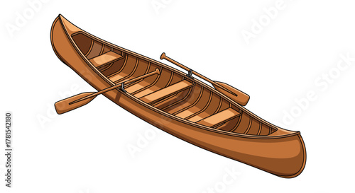 Classic wooden canoe with paddles ready for a peaceful adventure on the lake, perfect for summer camping and lakeside relaxation