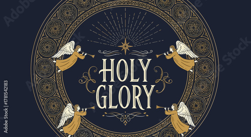 Celestial heralds and gilded text within an ornate circular frame on dark navy