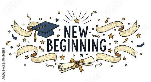 Graduation new beginning decorative banner with celebratory elements and text