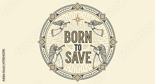 angelic proclamation born to save vintage illustration with trumpeting heralds
