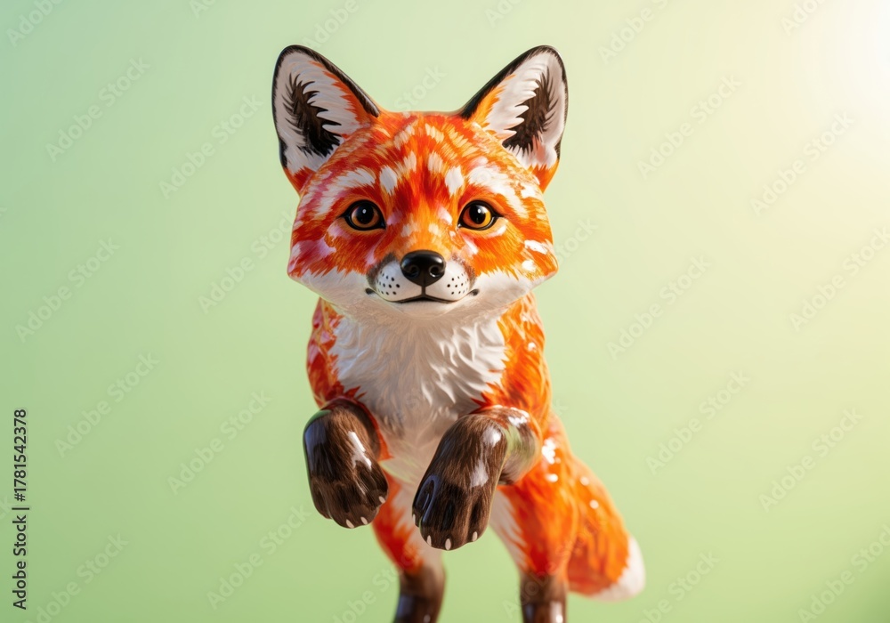 Obraz premium Playful red fox kit figurine sculpture with glossy paint on a bright green backdrop.