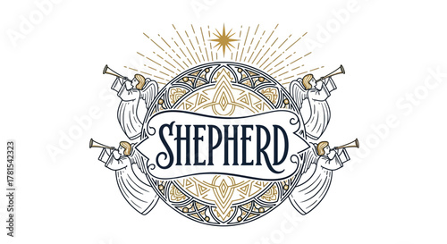 Ornate vintage Shepherd emblem with trumpeting angels and guiding star