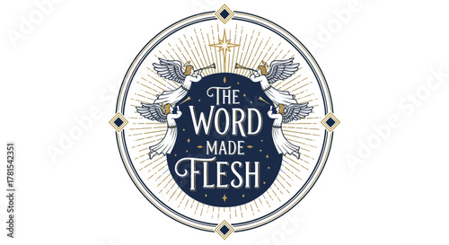 angelic heralds radiating divine words in an ornate circular emblem,