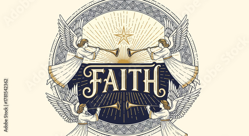 Aesthetic vintage religious banner design with angelic figures and Faith