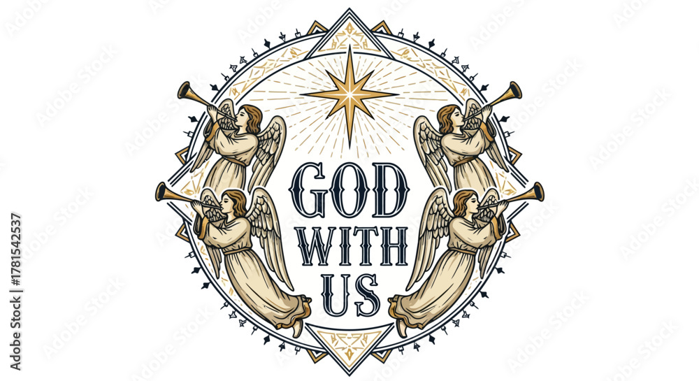Naklejka premium Celestial chorus: Four angels herald a divine announcement, 'God with us'