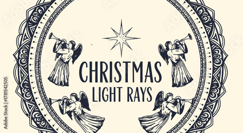 ornate festive angel heralds in circular frame with christmas light rays