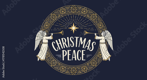 Christmas Peace artwork with angels blowing trumpets and shining star
