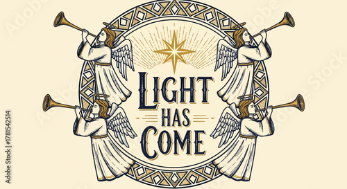 angelic heralds with trumpets in a vintage-style celebratory design emblem