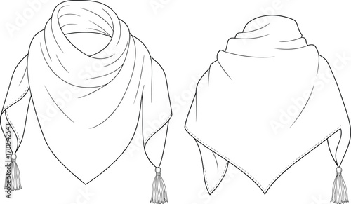 Scarf or shawl technical sketch, front and back view, tassel detail, fashion flat, CAD drawing, vector illustration, accessory design