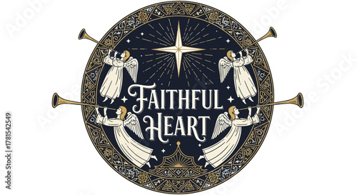 Celestial heralds and guiding star with Faithful Heart text illustration