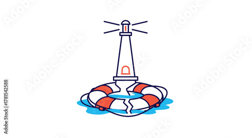 Lighthouse on lifebuoy with cracked base symbolizes crisis management and strategic navigation in challenging times, offering hope for risk mitigation