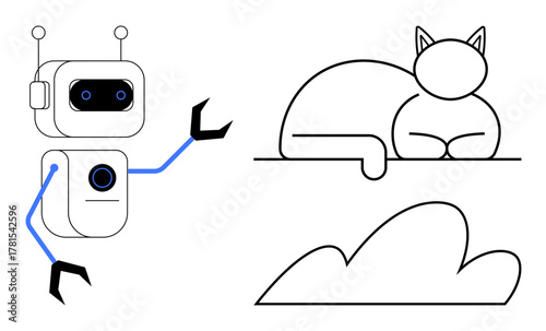 Robot with antennae and mechanical arms gesturing, cat lounging on ledge, simple cloud shape. Ideal for technology, AI, innovation, pets, minimalism future creativity themes. Simple flat metaphor