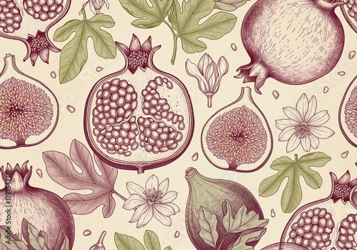 Vintage botanical seamless pattern of pomegranate and fig fruit illustration engraving style