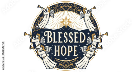 angelic heralds with celestial star and blessed hope message design concept
