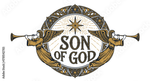 Divine Heraldry: Angelic Proclamation of a Sacred Figure Emblematic Design