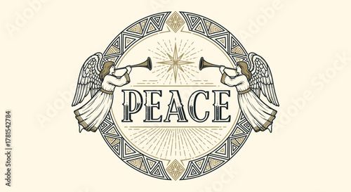 angelic proclamation with trumpets and peace text in an ornate emblem design