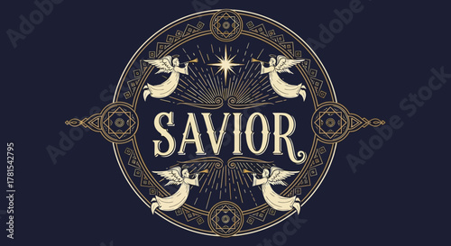 Celestial heraldry with trumpeting angels and a guiding star on dark background