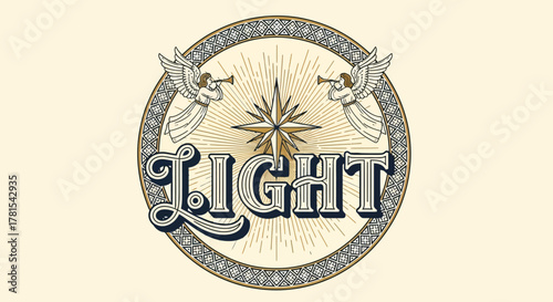 angelic heraldry bringing forth heavenly light and peace, vintage emblem style