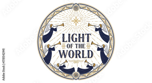 Circular Design with Celestial Beings and Radiant Star Illustration