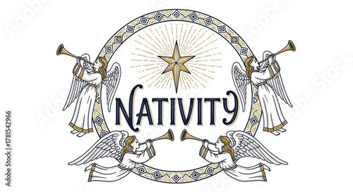 angelic heralds with star symbol and nativity text on decorative frame