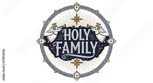 Divine Heraldry: Festive Holy Family Emblem with Angelic Trumpeters