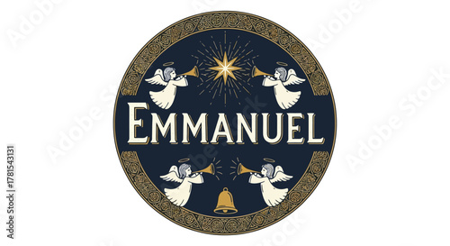 Divine circle emblem with winged figures and celestial elements, golden bell