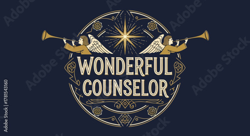 ornate celestial emblem featuring trumpet-playing angels and textual centerpiece