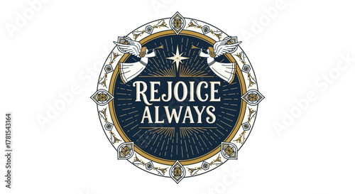 Illustration of angels and decorative elements with rejoice always text