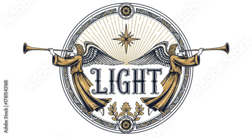 Illustration of two angels with trumpets, wings, and a starry light beam