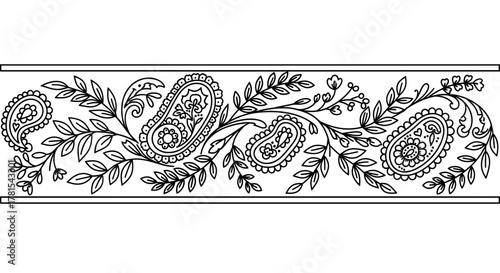 Elegant paisley floral border with intricate black outlines, a classic pattern perfect for invitations, textiles, and sophisticated design projects