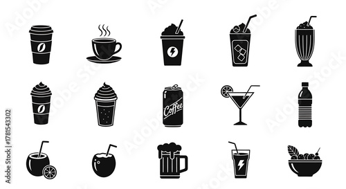 Set of various beverage icons in black silhouette isolated on white background