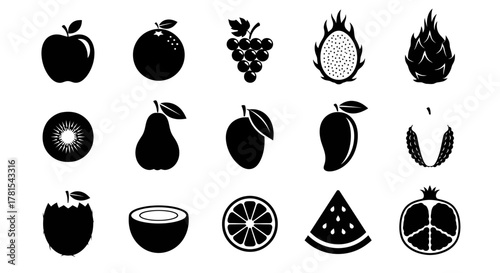 Collection of various fruit icons in black silhouette isolated on white background