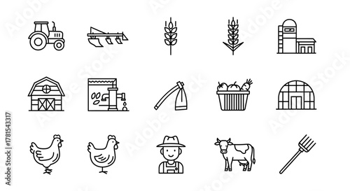 Agriculture and farming icons set isolated on white background, vector line illustration