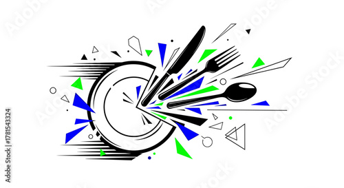 Dynamic cutlery set in vibrant modern design, perfect for restaurant menus and food blogs, ready for your next creative culinary project