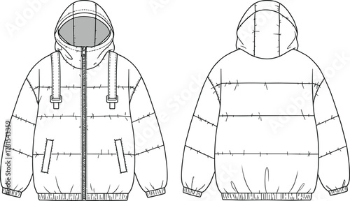 Puffer jacket technical sketch, winter outerwear garment illustration, hooded coat design template, insulated fashion drawing, stylish cold weather apparel concept