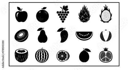 Set of different fruits in black and white isolated on white background healthy eating
