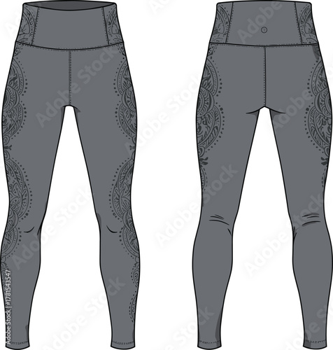 Stylish high waist yoga leggings with mandala side pattern, modern activewear fashion design, comfortable fitness pants sketch template, seamless workout clothing detail