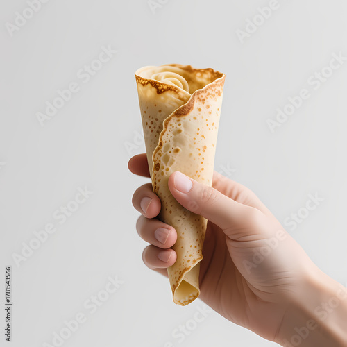 hand gently holding a fresh crepe with toppings, plain light background